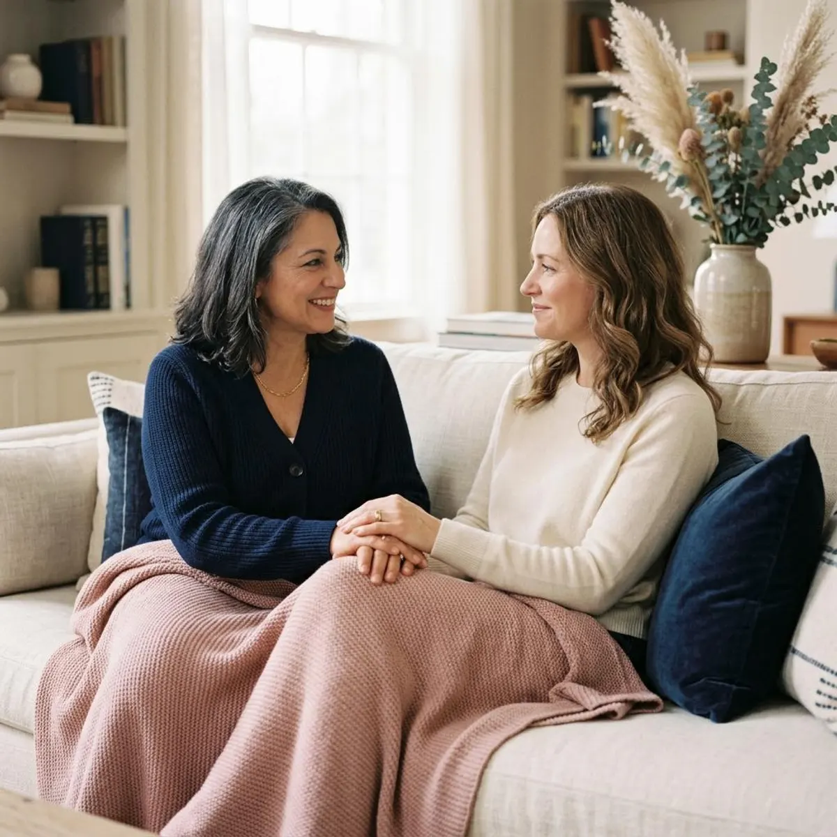 Two women sitting together on a sofa, one holding the other's hand in supportive conversation